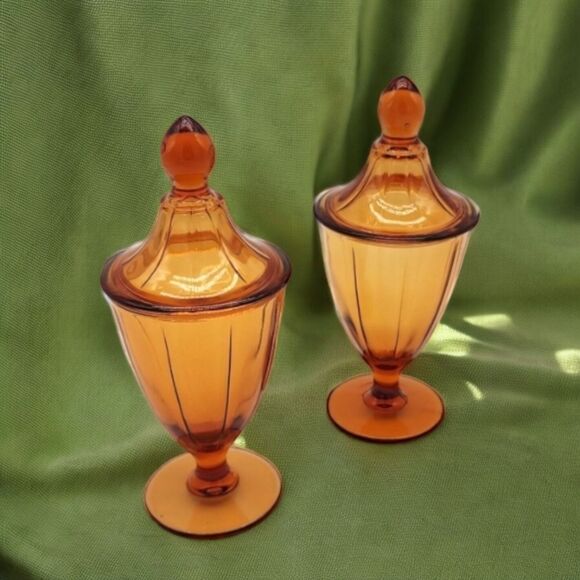 Vintage Mid Century Cambridge Amber Glass Compote Candy Dishes Pair - 8.5" Tall - Picture 4 of 14